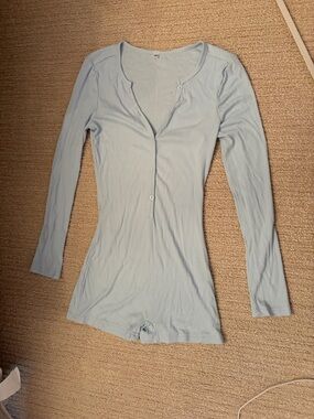 Amazon Light Blue Ribbed Long-Sleeve Henley Bodysuit